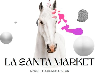 Cartel de la La Santa Market con Caballo y bolas decorativas